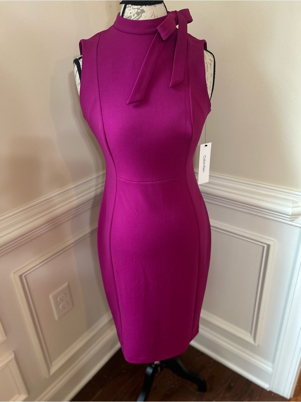 Calvin Klein Magenta Sleeveless Tie-Neck Sheath Dress